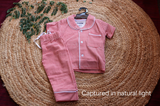 Cotton Nightsuit | Red Stripe Shirt & Pyjama Set