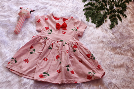 Cotton Girls Pink Cherry Print  Dress with Bow