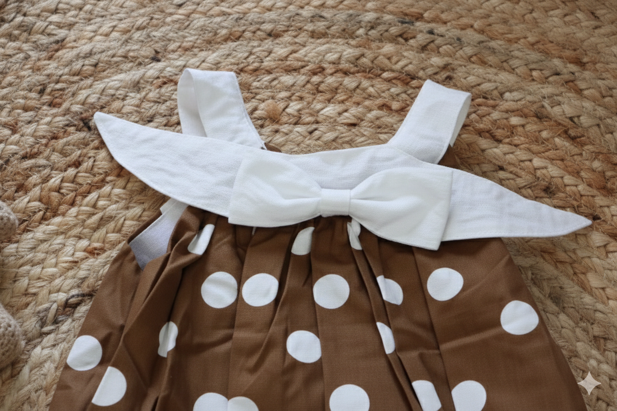 Brown & White Dotted Baby Party Frock – Sleeveless Comfort