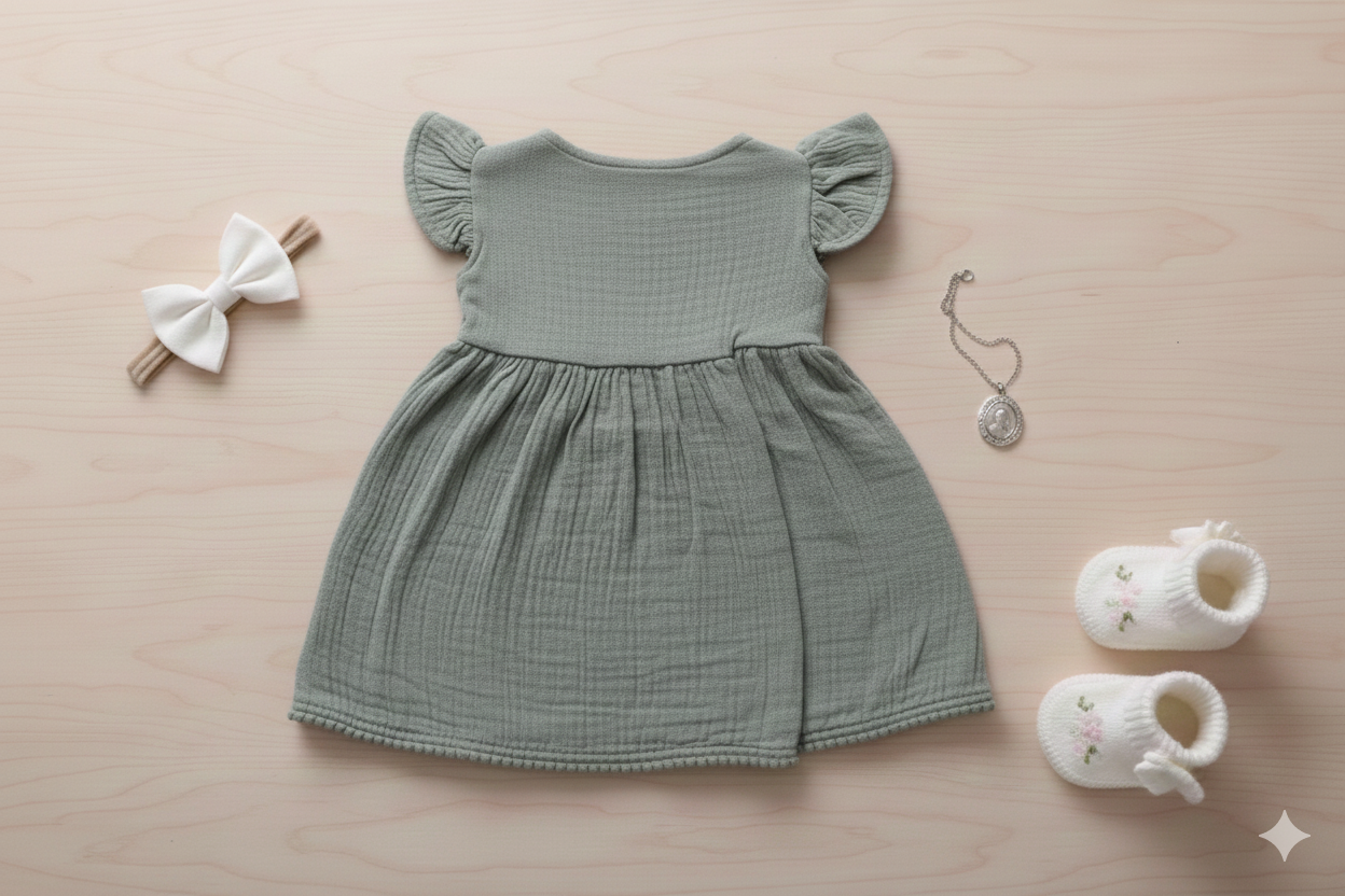 Green Muslin Pom Pom Baby Frock – Cross-Body Style Dress