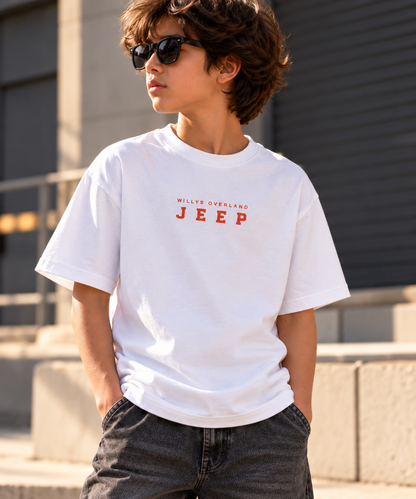 White Oversized Graphic T-Shirt – Retro 4x4 Print – 240 GSM