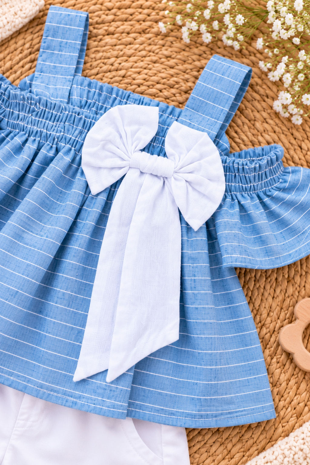 Blue Bow Ruffle Cotton Baby Girls Co-ord Set
