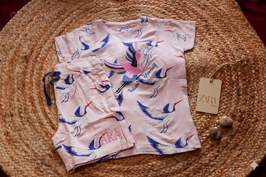 Cotton  Girl Co-ord Set – Bird Print T-Shirt & Shorts