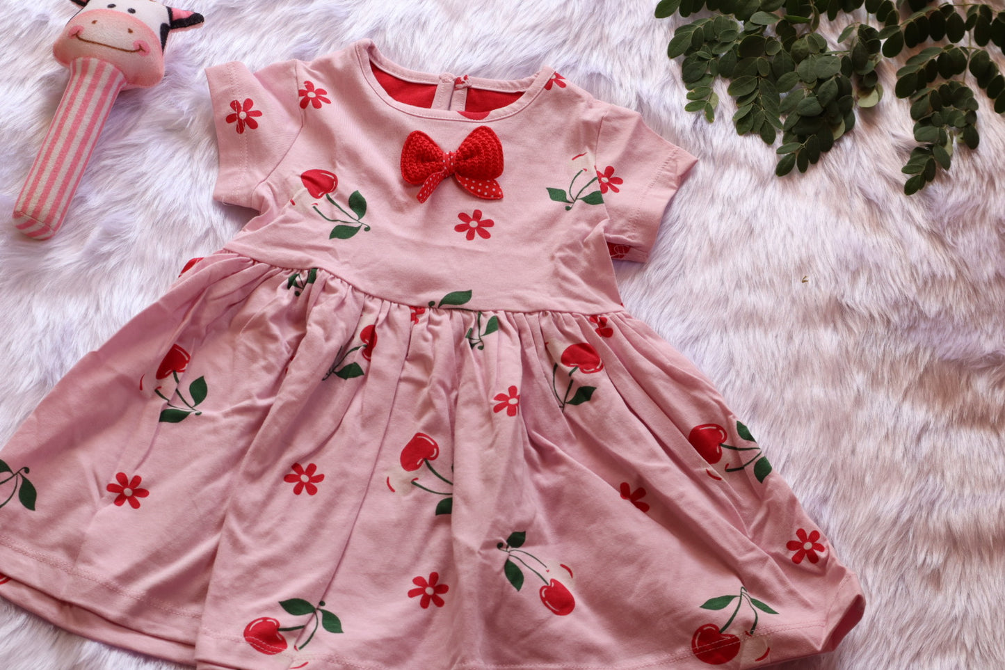 Cotton Girls Pink Cherry Print  Dress with Bow
