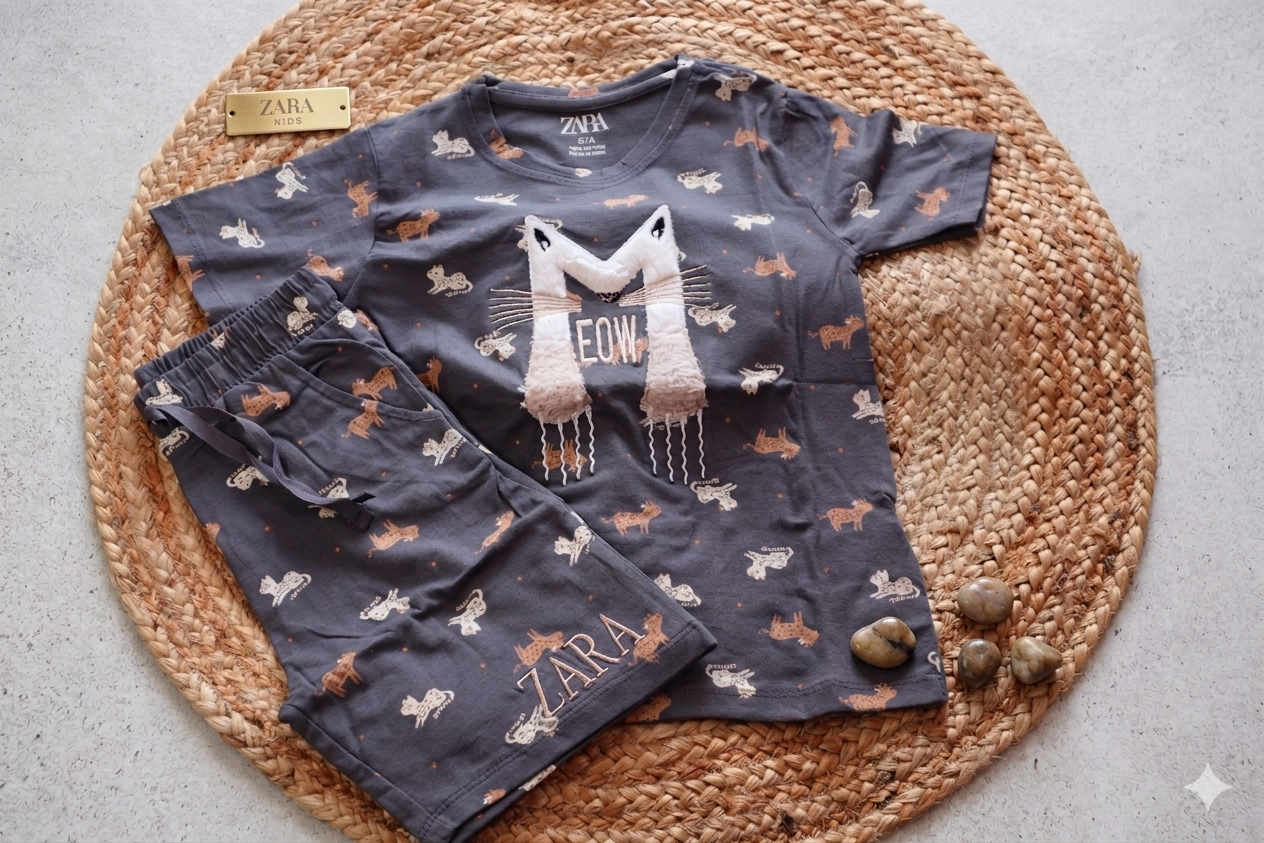 Cotton Unisex Grey Cat Print  Co-ord Set