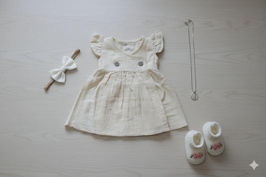 Cream Muslin Pom Pom Baby Frock – Cross-Body Style Dress